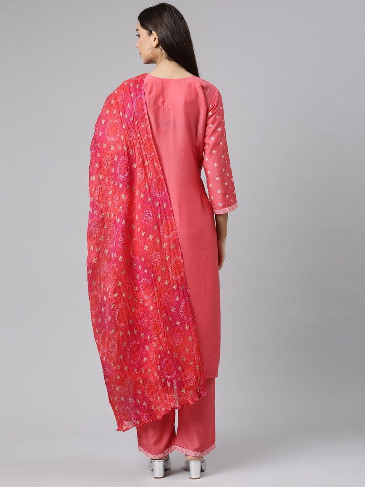 Neerus Red Regular Straight Bandhani Kurta And Trousers With Dupatta