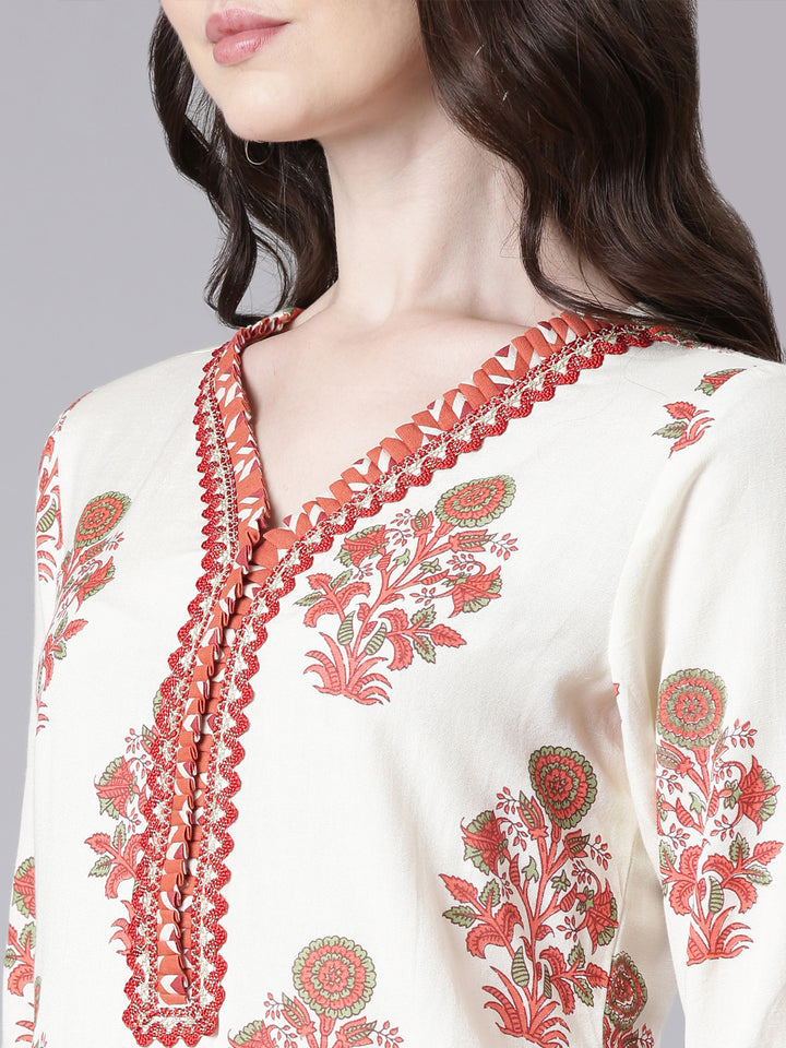 Neerus Cream Printed Straight Kurta and Palazzos