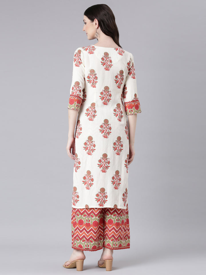 Neerus Cream Printed Straight Kurta and Palazzos