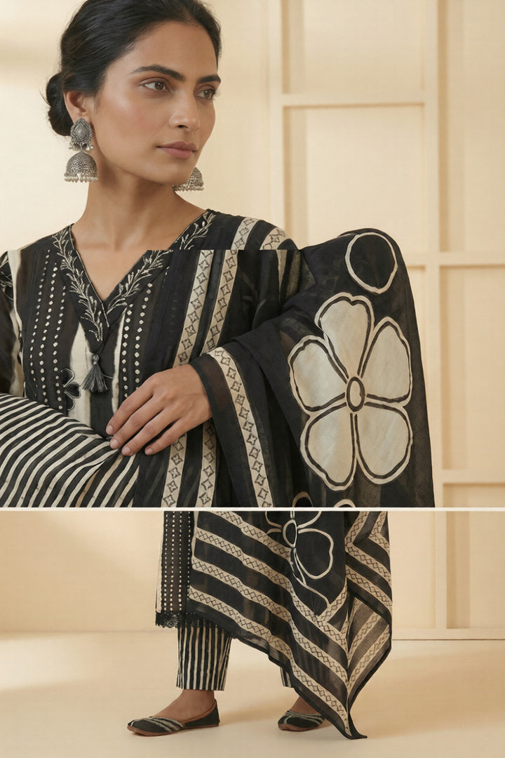 Black Cotton Floral Sequins And Hand Embroidery Suit Set