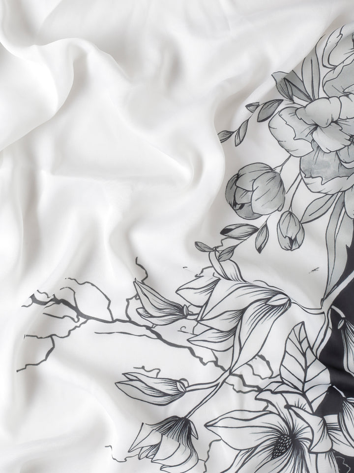 Black & White Satin Printed Saree With Hand Embroidery & Readymade Blouse