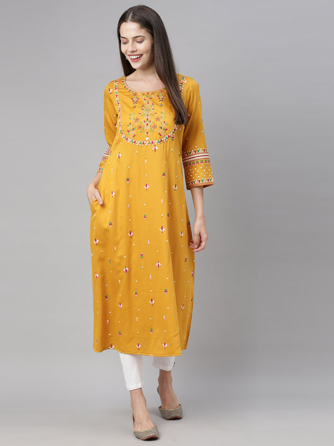 Neerus Women Mustard Floral Embroidered Kurta