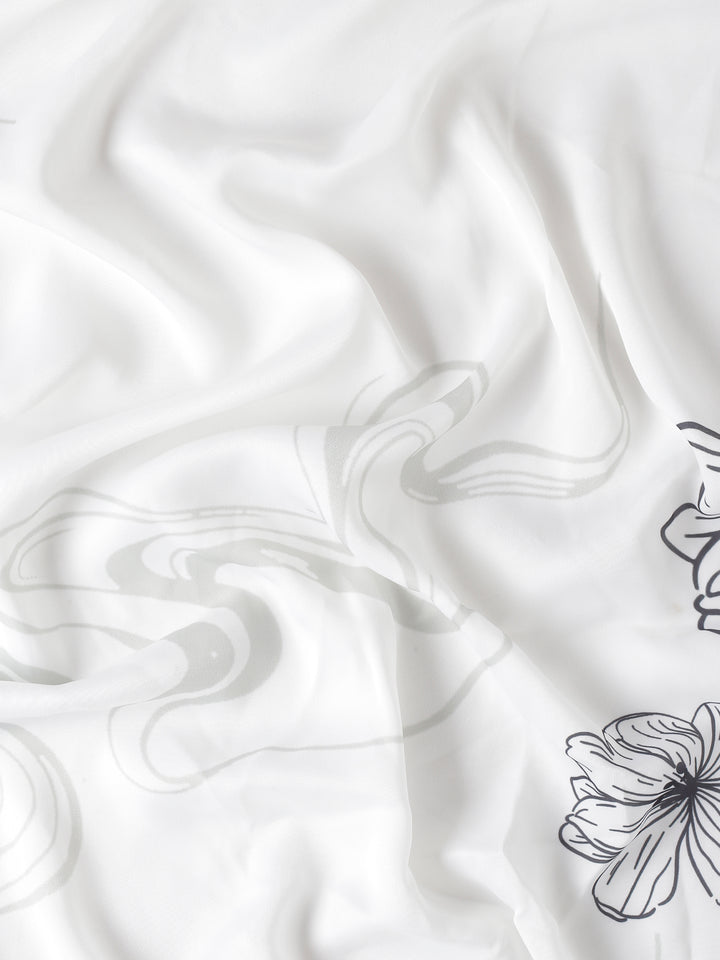 Black & White Satin Printed Saree With Hand Embroidery And Ready Made Blouse