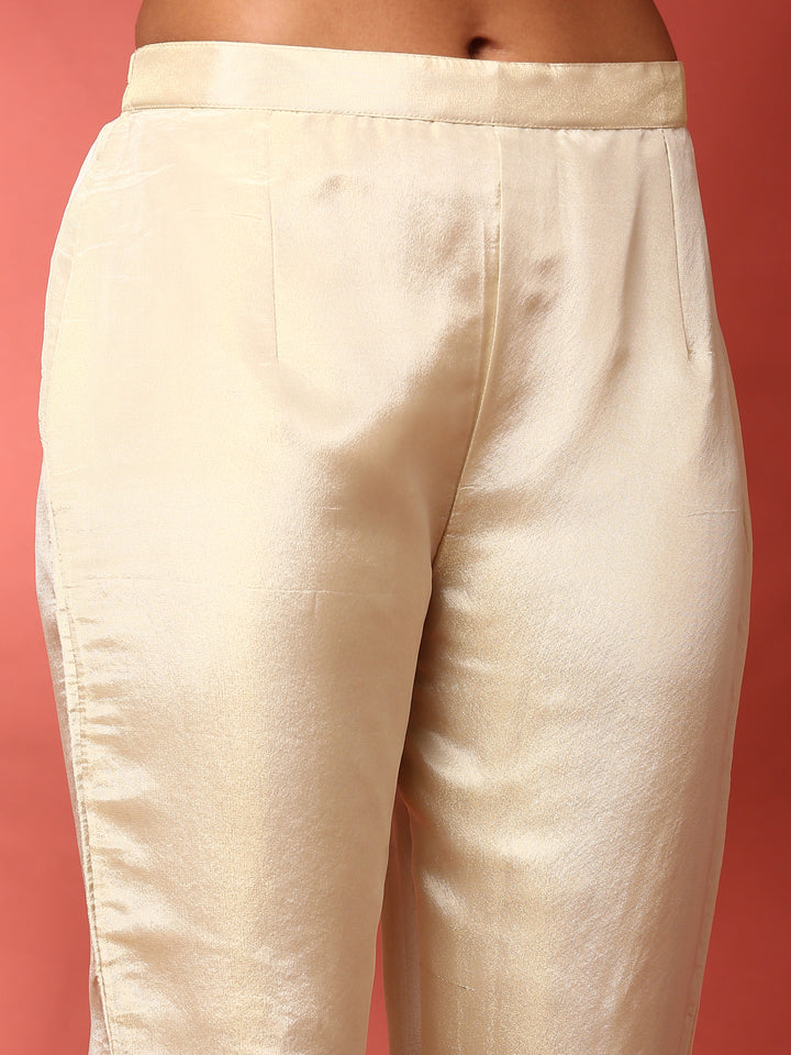 Beige three piece tissue silk hand embroidered anarkali set