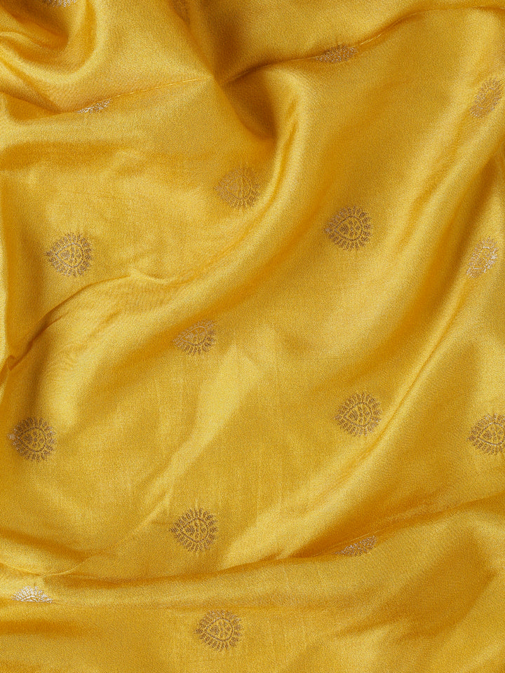 Yellow banarsi saree with floral print & zari border
