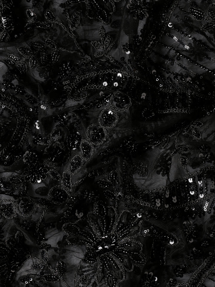 Black net saree with sequin heavy hand embroidery