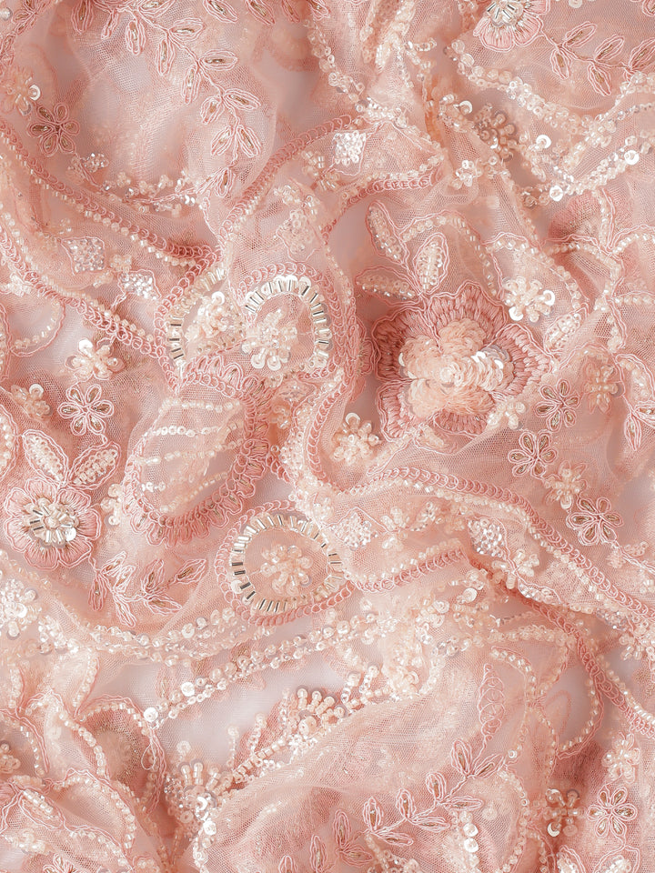 Peach net saree with pearl and sequins hand embroidery with scallop border