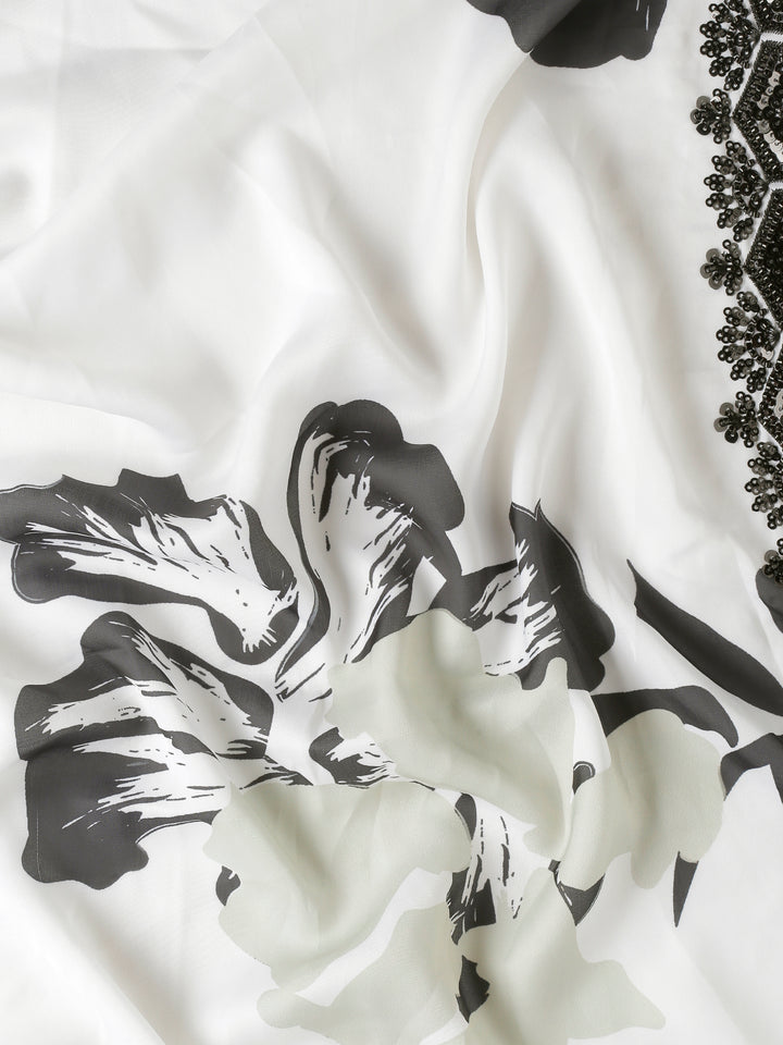 Black & White Satin Printed Saree With Hand Embroidery & Readymade Blouse