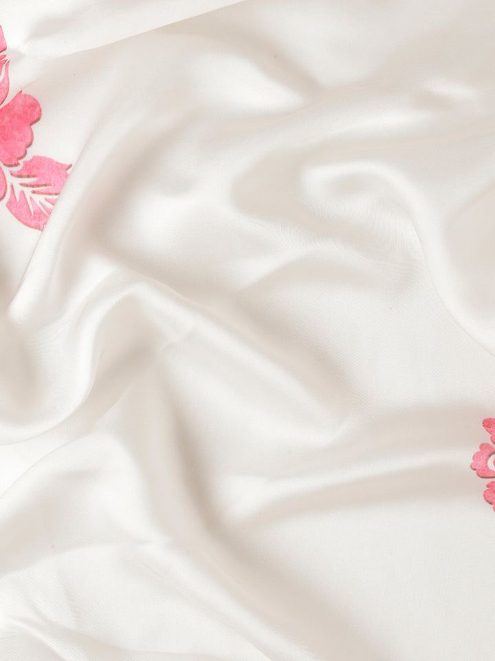 Cream Satin Saree With Pink Printed Motifs With Swarovski Embroidery