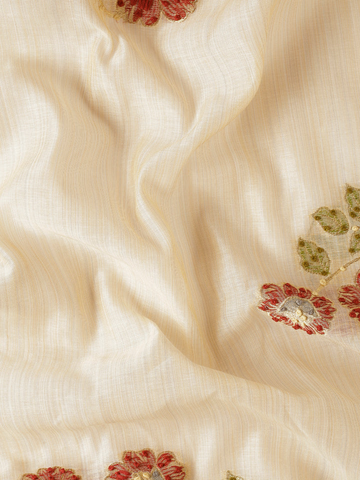 Cream Chanderi Silk With French Knot Contrast Thread Work And Sequence