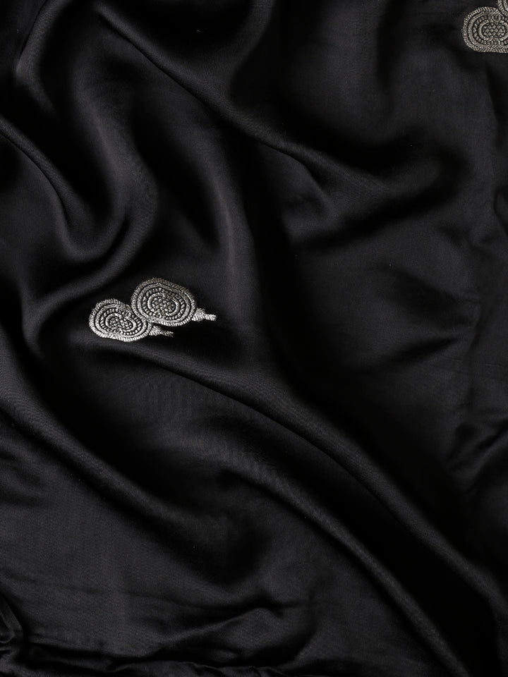 Black banaras silk saree with silver zari motifs & border