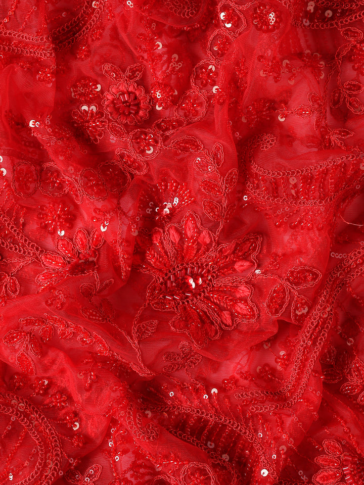 Red net saree with pearl and sequins hand embroidery with scallop border