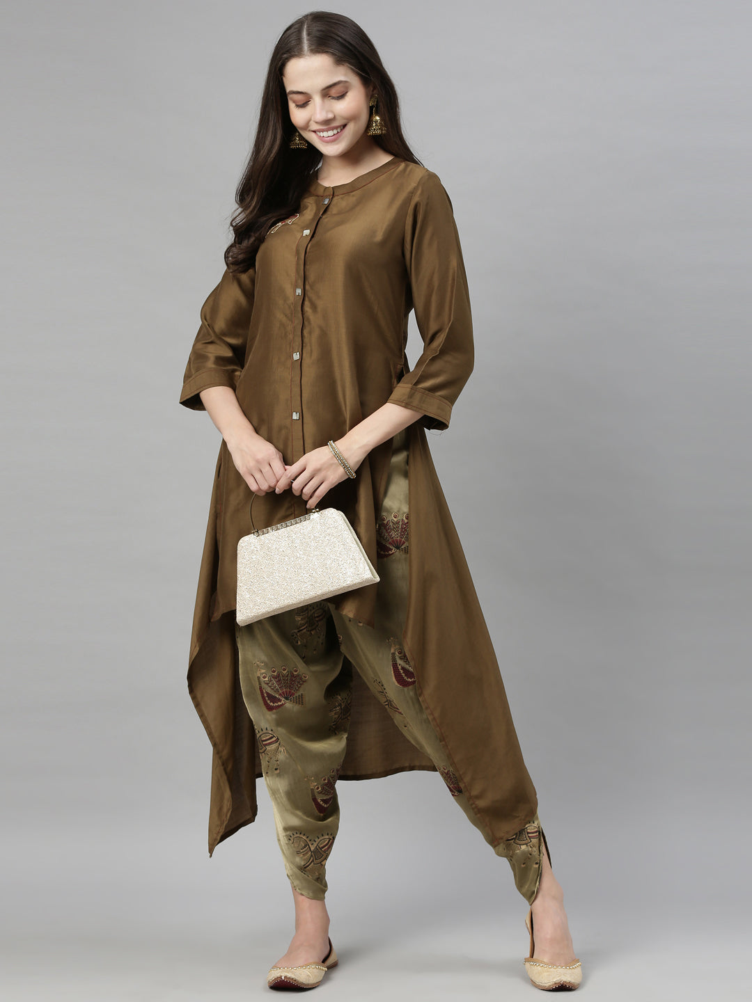 Neerus Women Olive Green Embroidered Kurta with Dhoti Pants