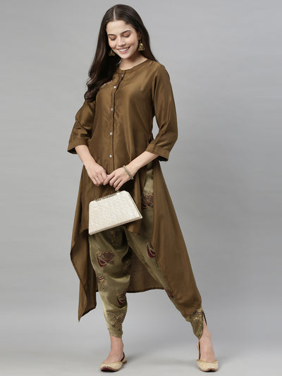 Neerus Women Olive Green Embroidered Kurta with Dhoti Pants