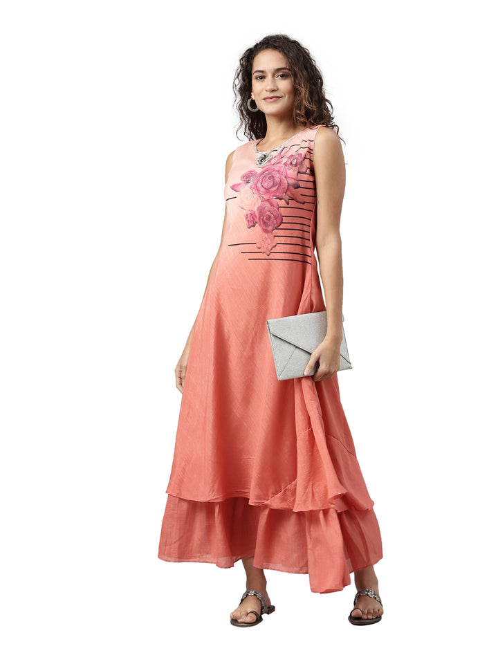 Neerus Orange floral printed layered kurti - detail view 4
