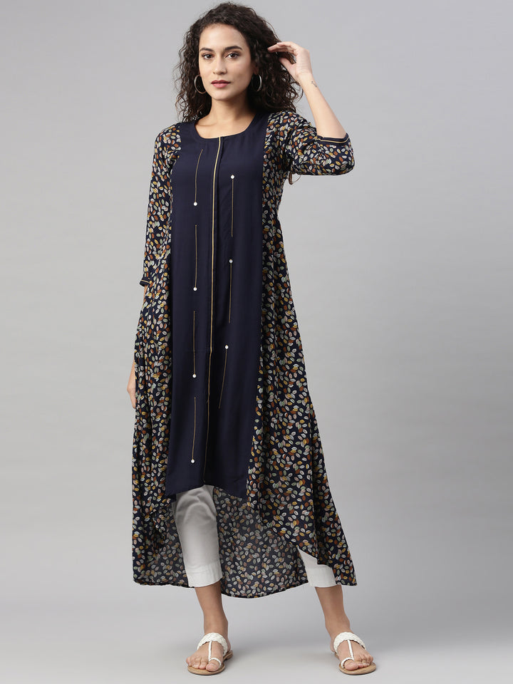 Neerus Women Navy Blue Ethnic Motifs Printed Kurta