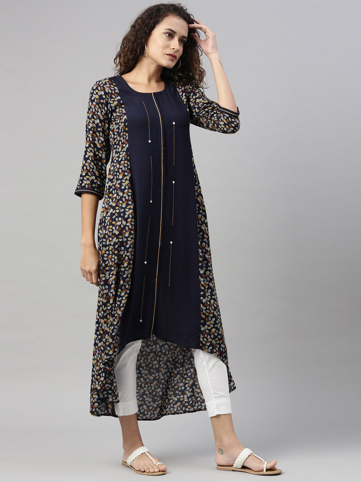 Neerus Women Navy Blue Ethnic Motifs Printed Kurta