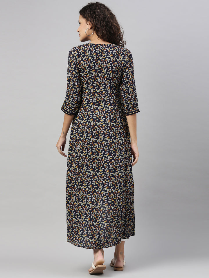 Neerus Women Navy Blue Ethnic Motifs Printed Kurta