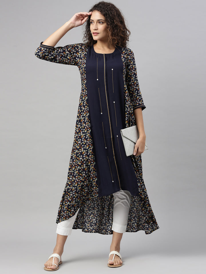 Neerus Women Navy Blue Ethnic Motifs Printed Kurta