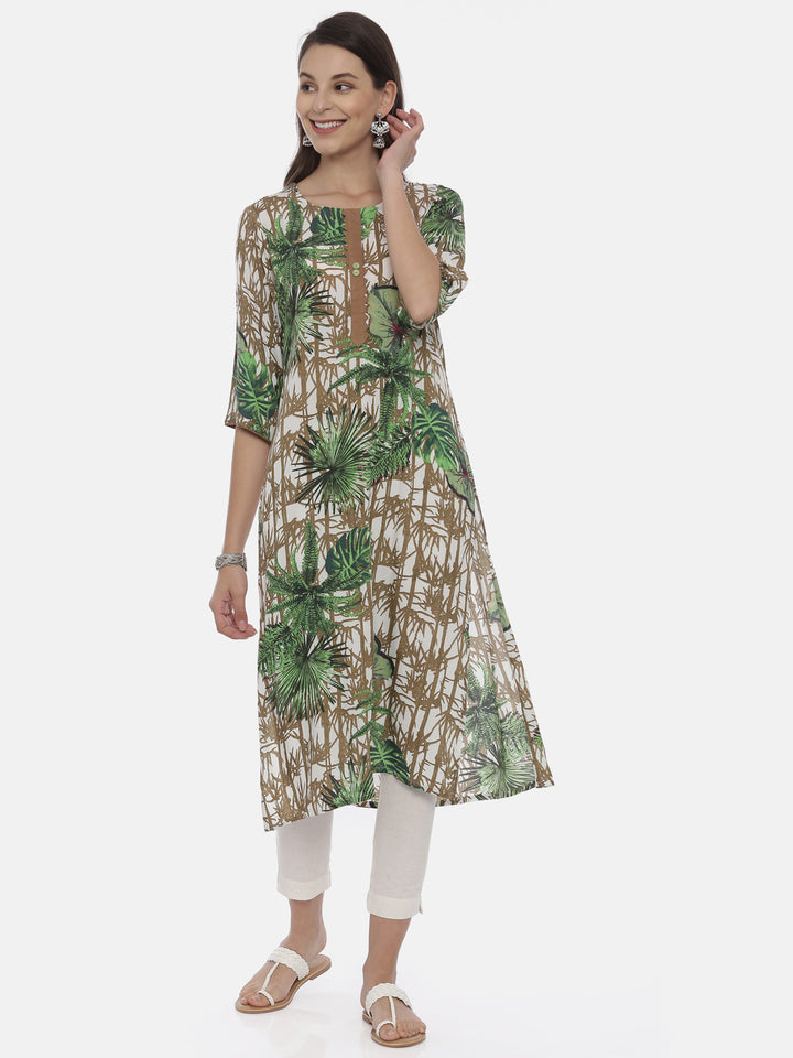 Neerus Women Green Printed A-Line Kurta