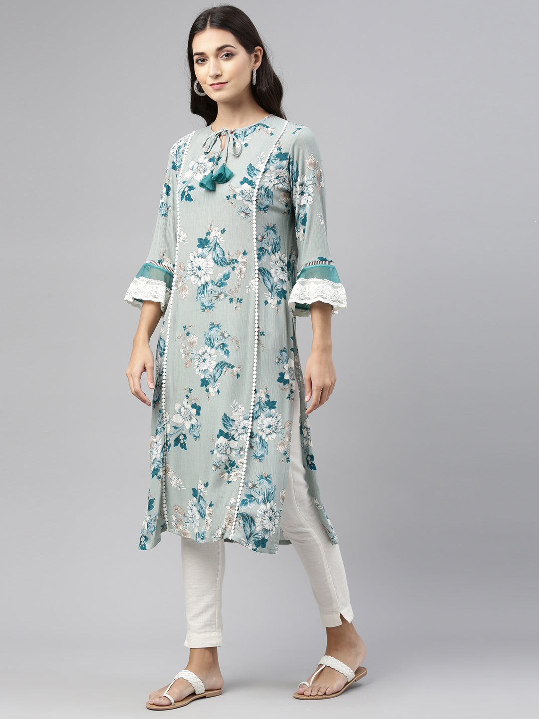 Neerus Green floral printed kurta - back view