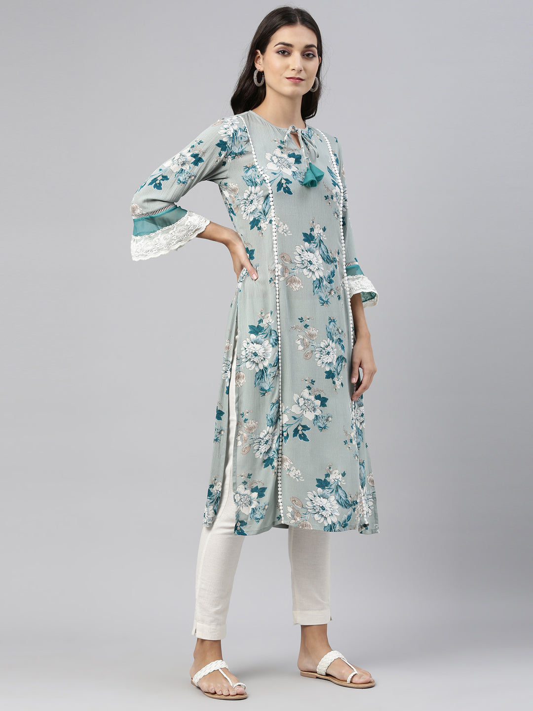Neerus Green floral printed kurta - side view