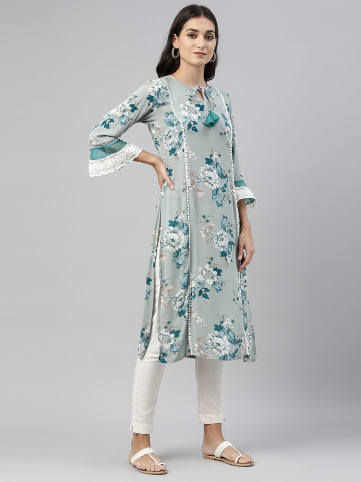 Neerus Green floral printed kurta - side view