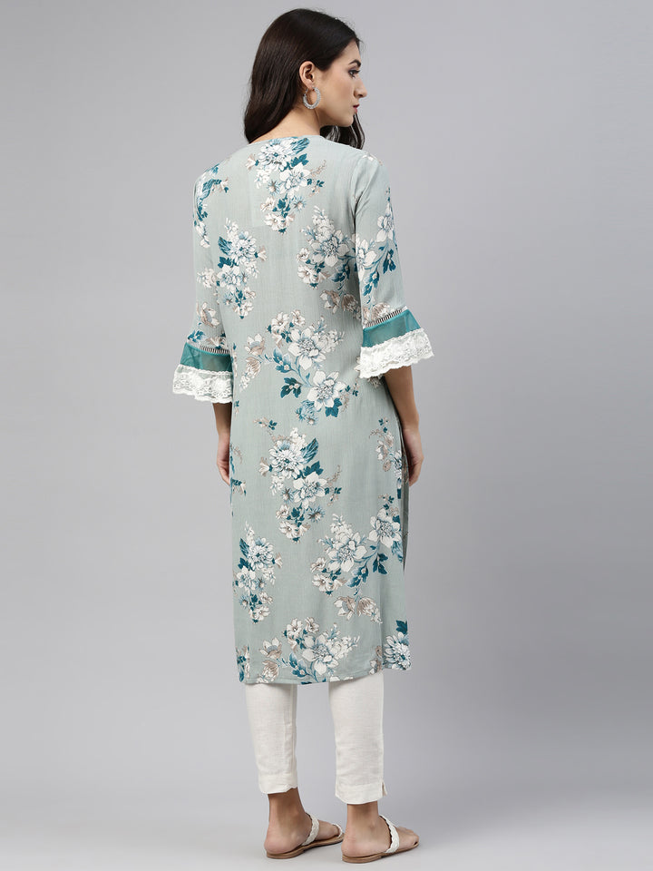 Neerus Green floral printed kurta - detail view 1