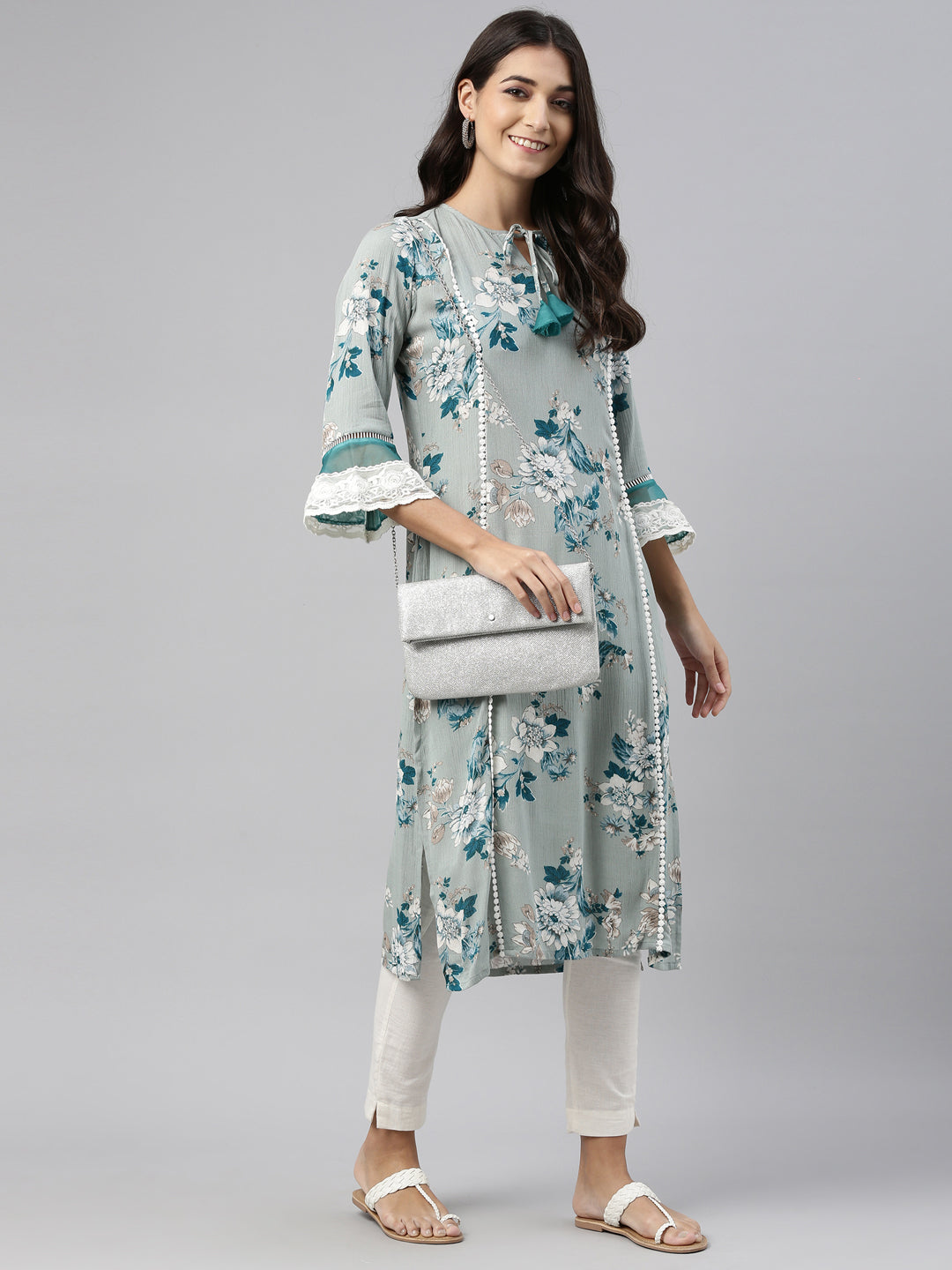 Neerus Green floral printed kurta - detail view 3