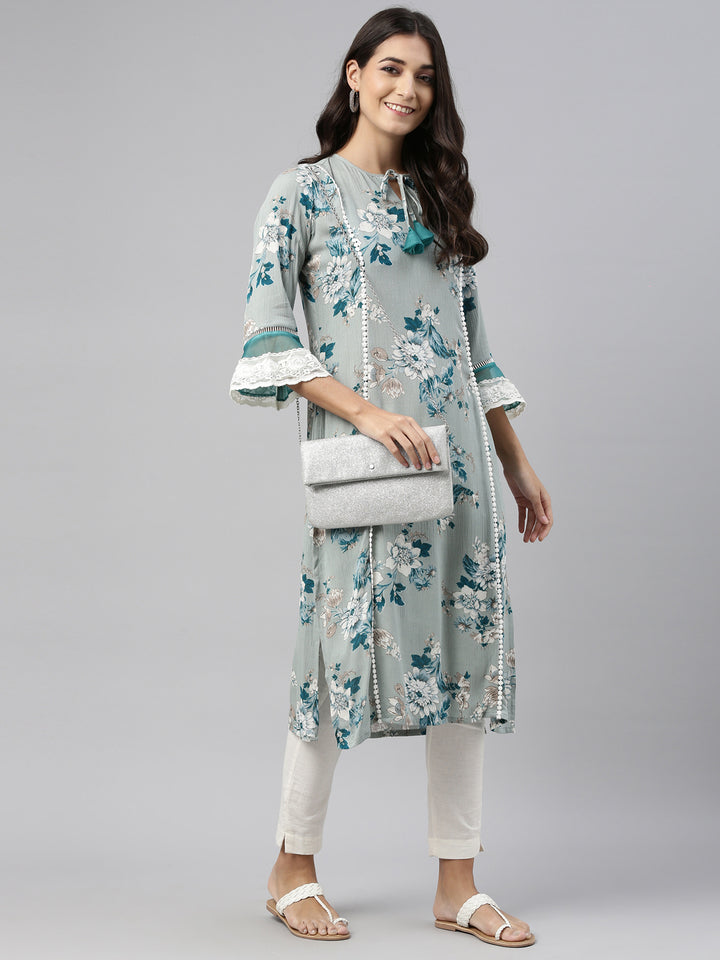 Neerus Green floral printed kurta - detail view 3