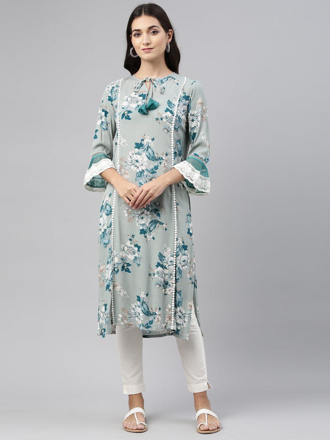 Neerus Green floral printed kurta - front view