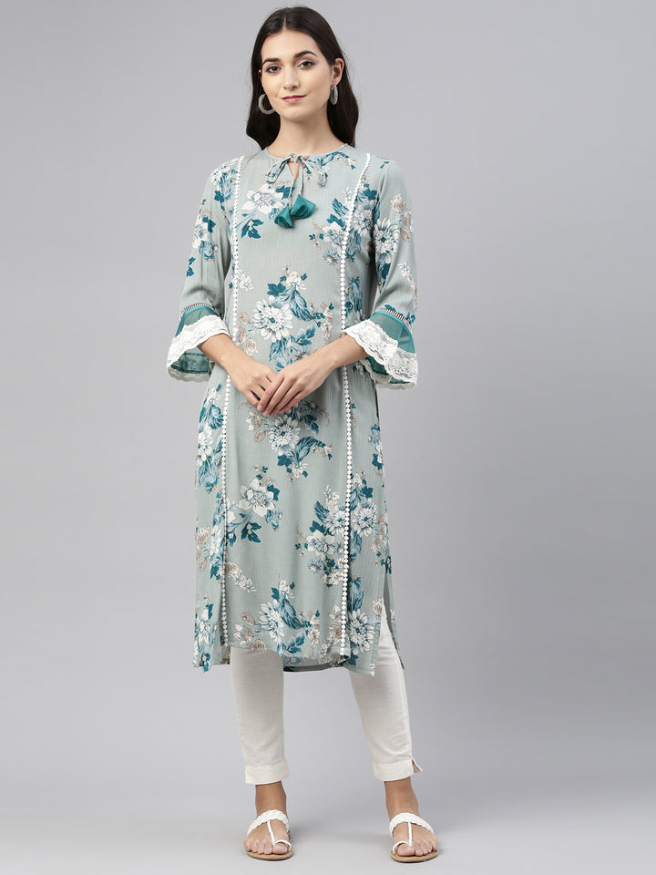 Neerus Green floral printed kurta - front view