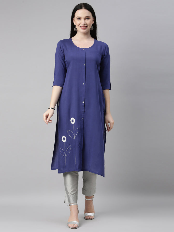 Neerus Women Blue Embroidered Kurta
