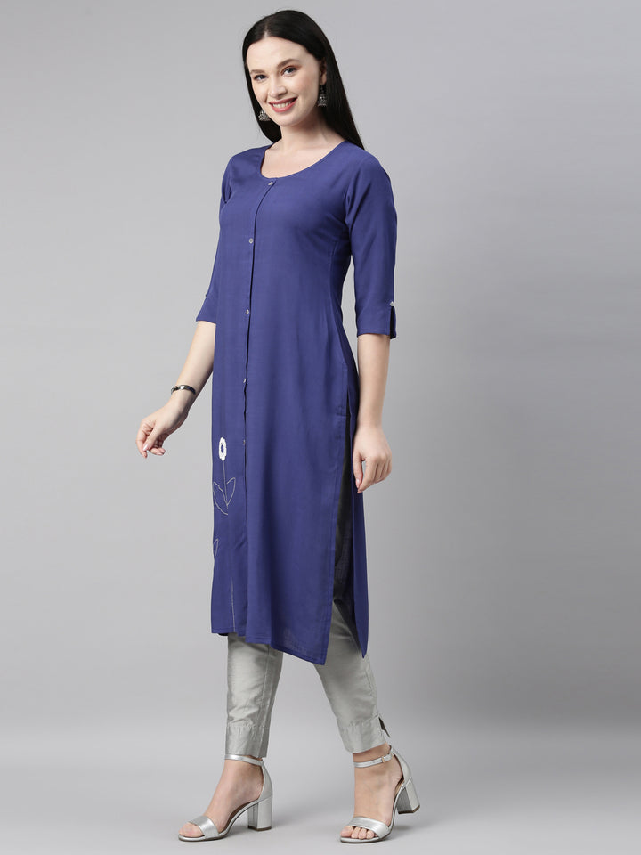 Neerus Women Blue Embroidered Kurta