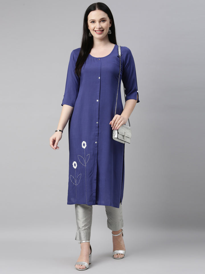 Neerus Women Blue Embroidered Kurta