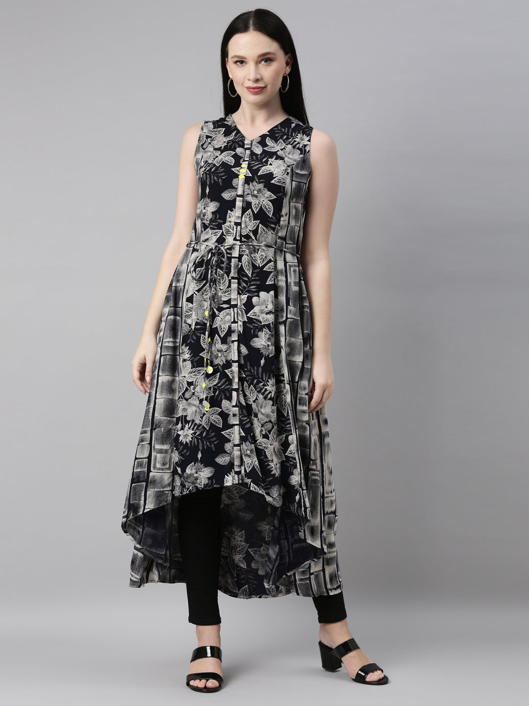 Neerus Black printed anarkali kurta - front view