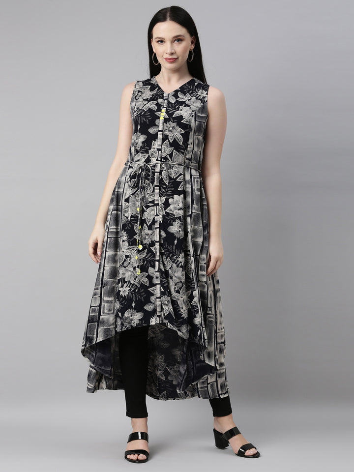 Neerus Black printed anarkali kurta - front view