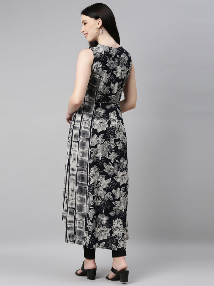 Neerus Black printed anarkali kurta - detail view 1