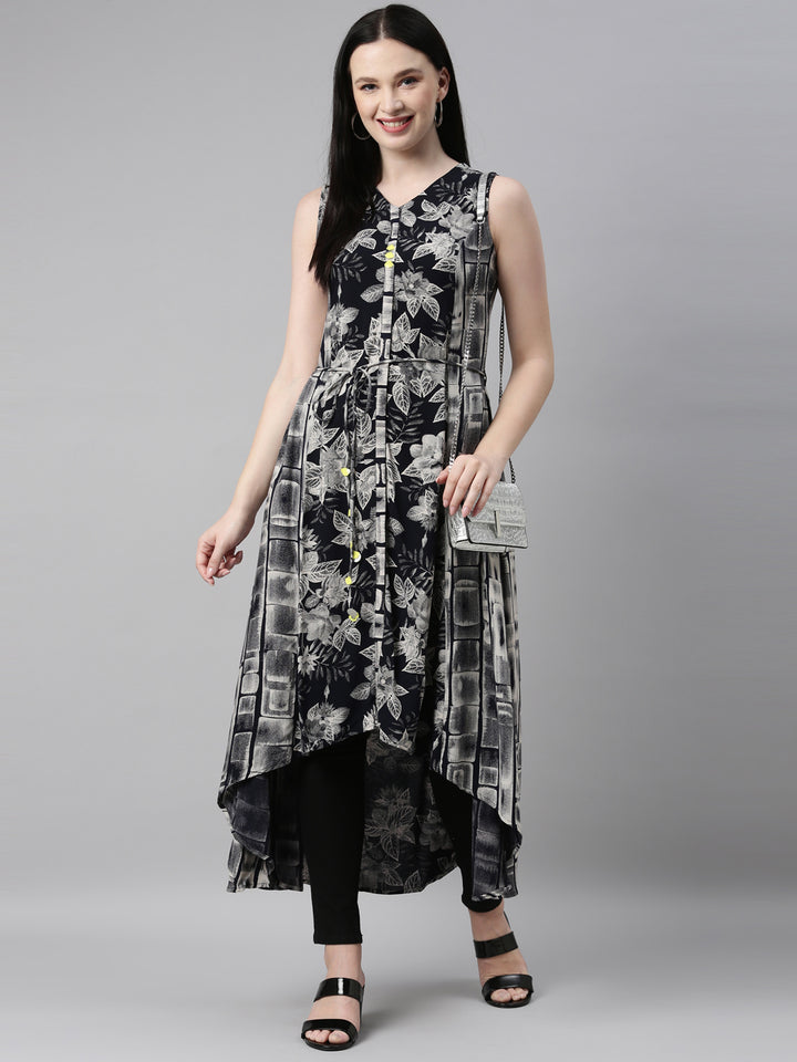 Neerus Black printed anarkali kurta - detail view 3