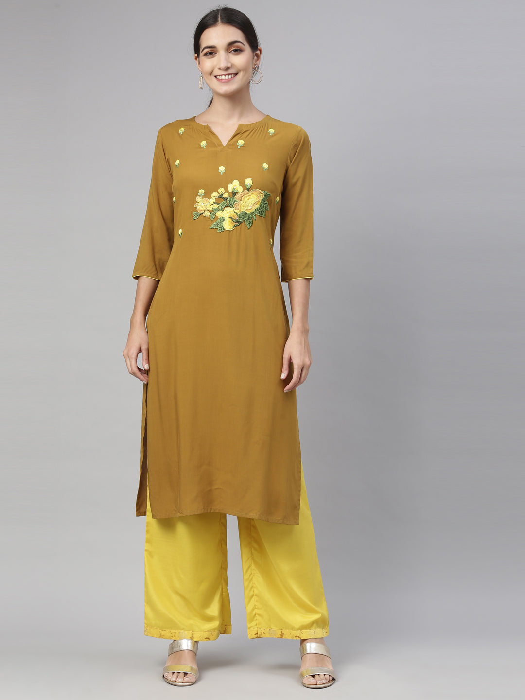 Neerus Yellow floral embroidered kurta set with palazzo - front view