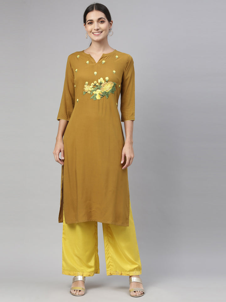 Neerus Yellow floral embroidered kurta set with palazzo - front view