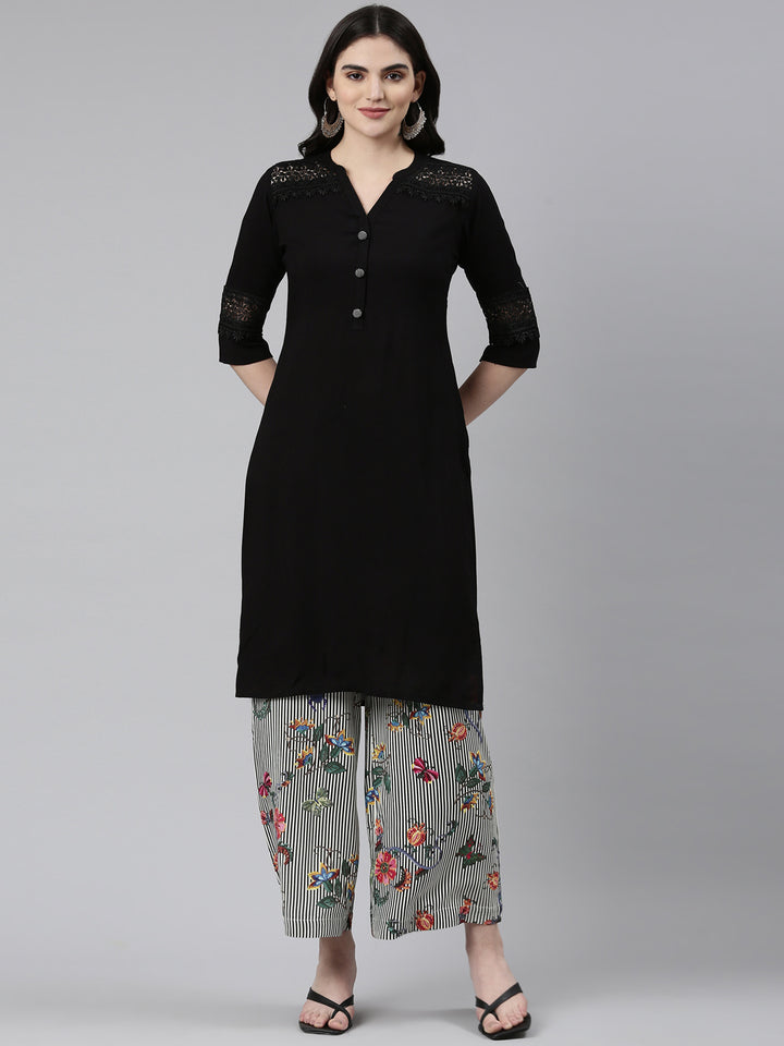Neerus Black Regular Straight Solid Kurta And Palazzos