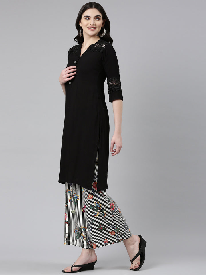Neerus Black Regular Straight Solid Kurta And Palazzos