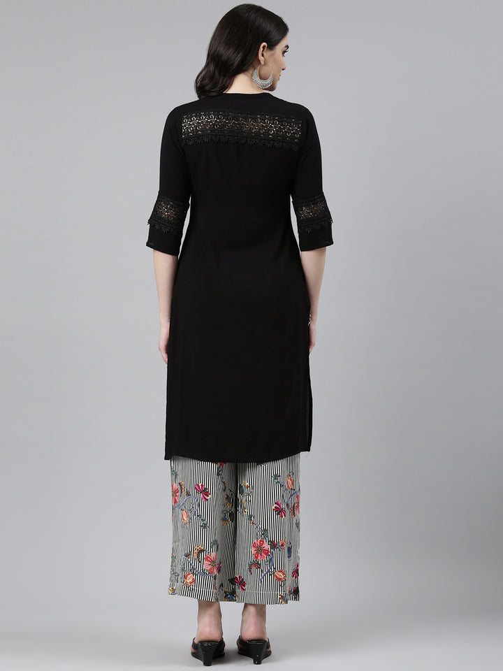 Neerus Black Regular Straight Solid Kurta And Palazzos