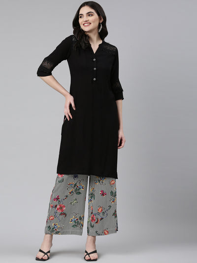 Neerus Black Regular Straight Solid Kurta And Palazzos