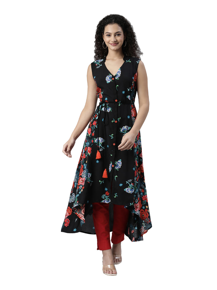 Neerus White cotton floral embroidered kurti - front view