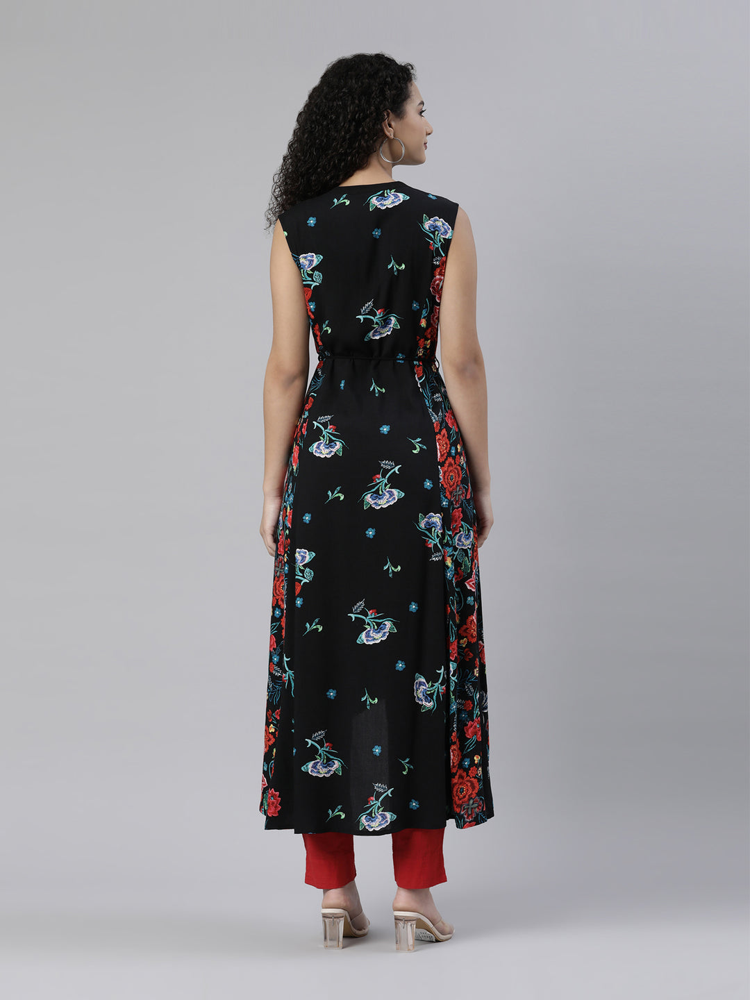 Neerus White cotton floral embroidered kurti - side view