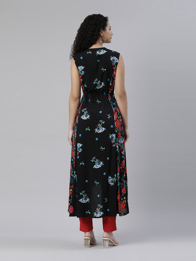 Neerus Floral Embroidered V-Neck Kurta