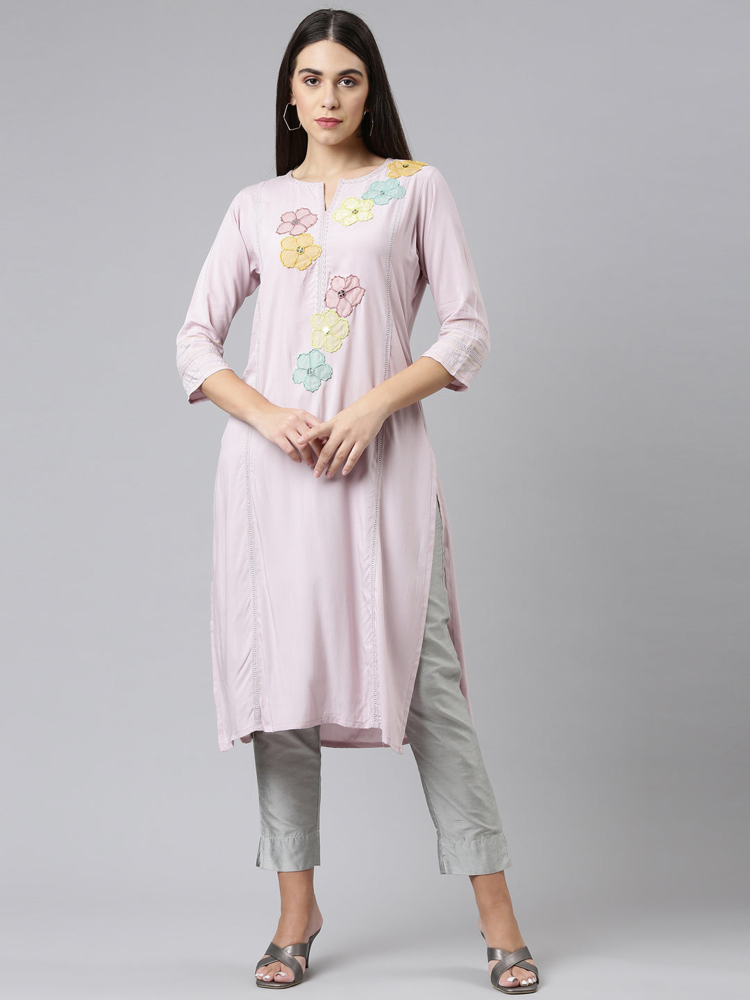 Neerus Pink embroidered floral kurti - front view