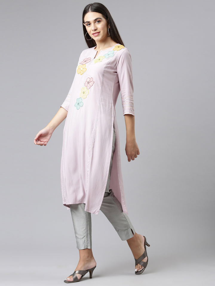Neerus Pink embroidered floral kurti - back view